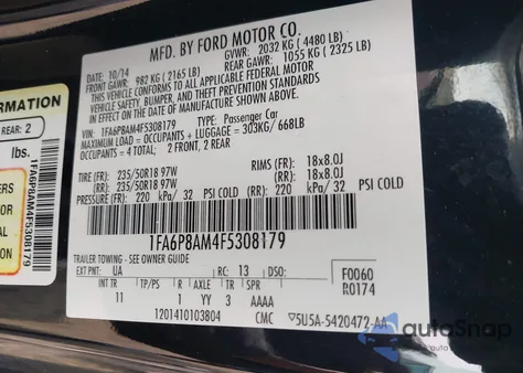 2015 Ford Mustang V6 from USA, damaged, VIN 1FA6P8AM4F5308179